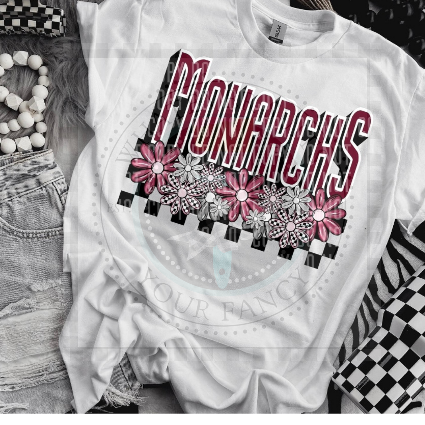 Mascot/school name checkered w/flowers