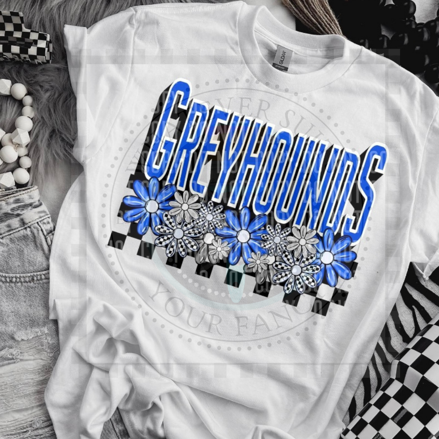 Mascot/school name checkered w/flowers