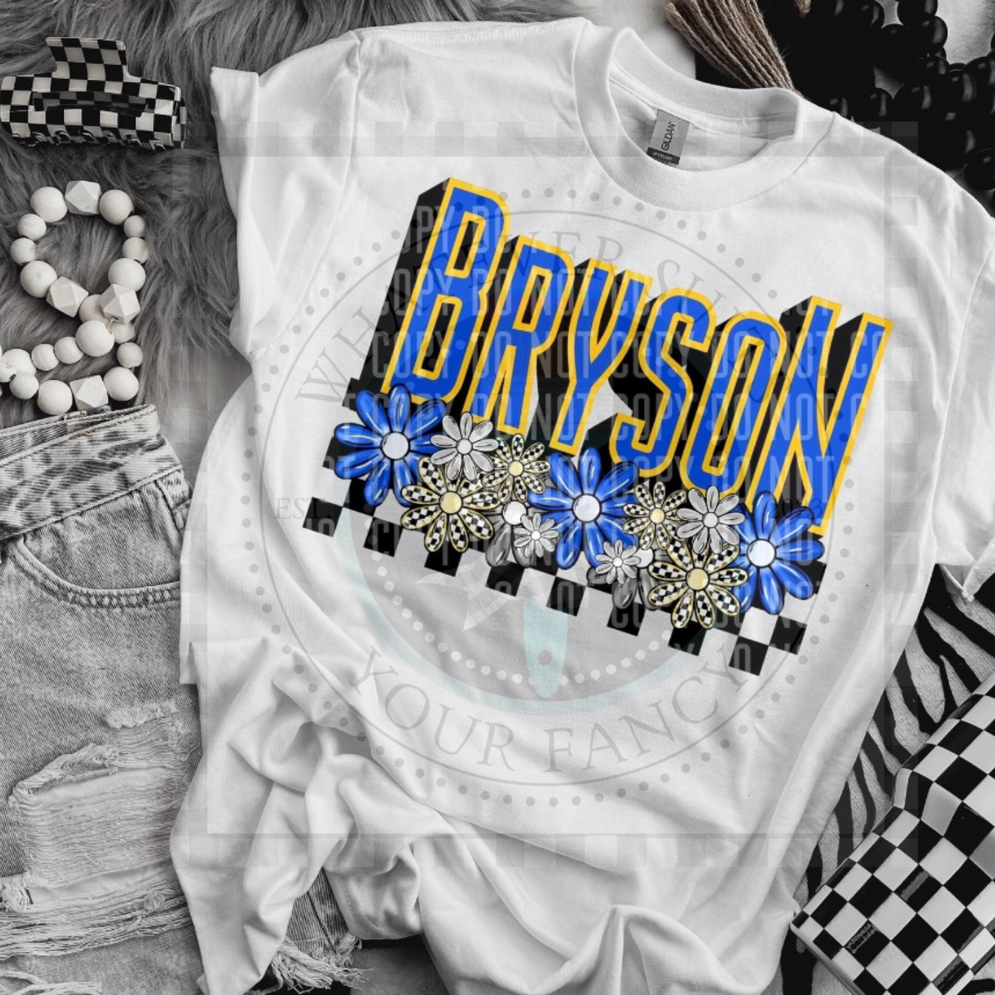 Mascot/school name checkered w/flowers