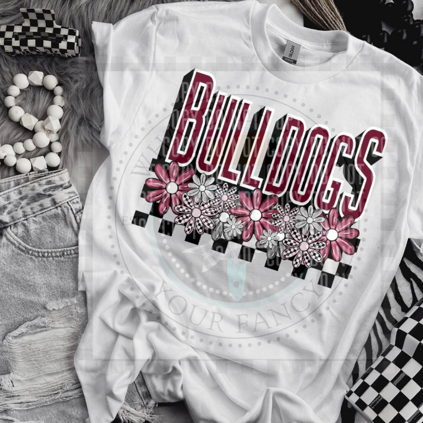 Mascot/school name checkered w/flowers