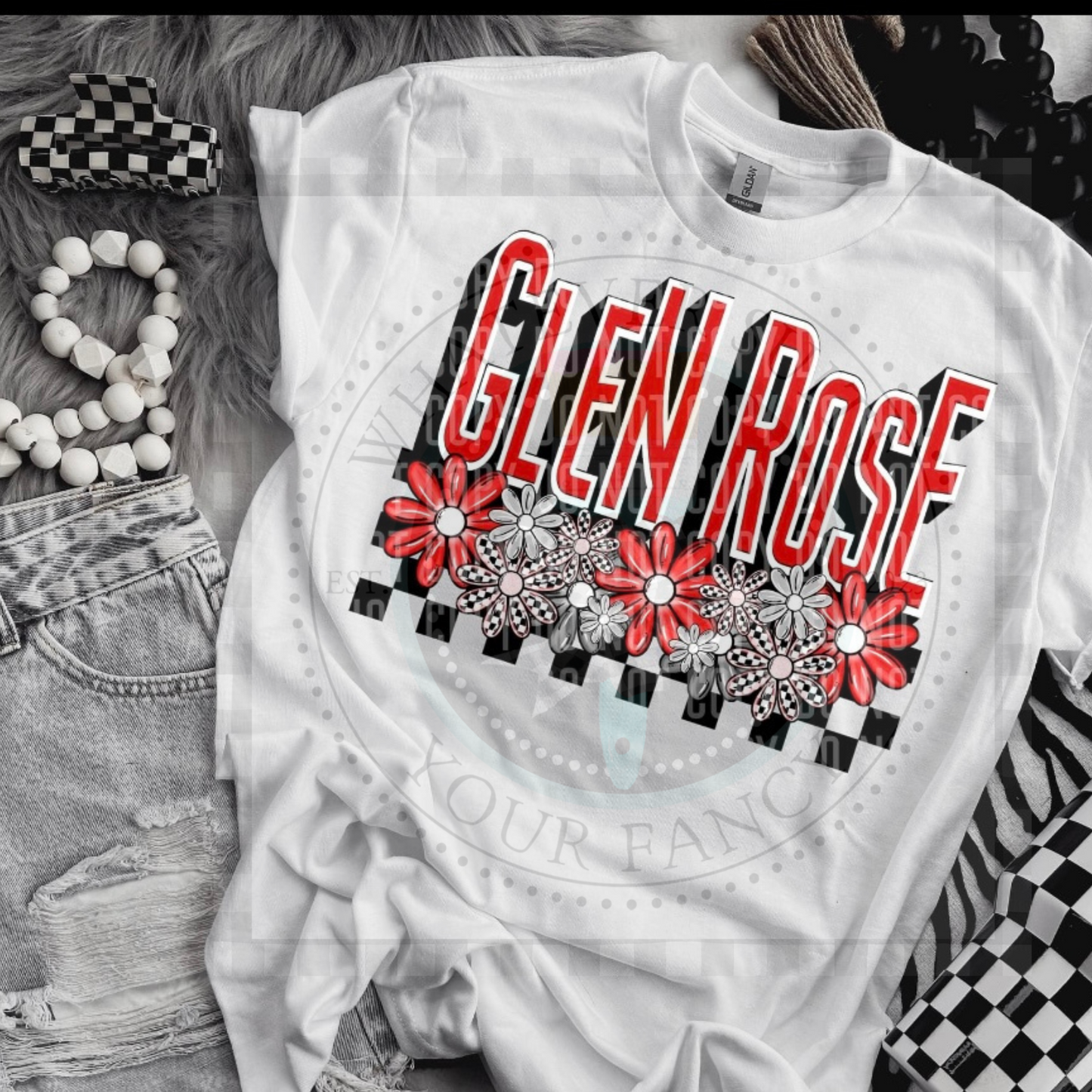 Mascot/school name checkered w/flowers
