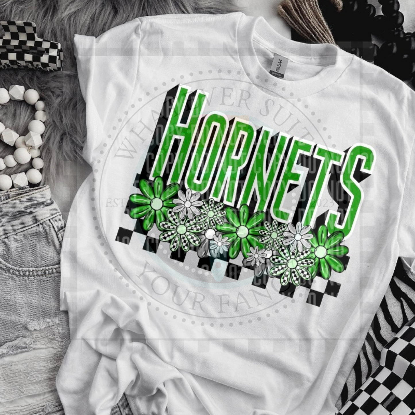 Mascot/school name checkered w/flowers