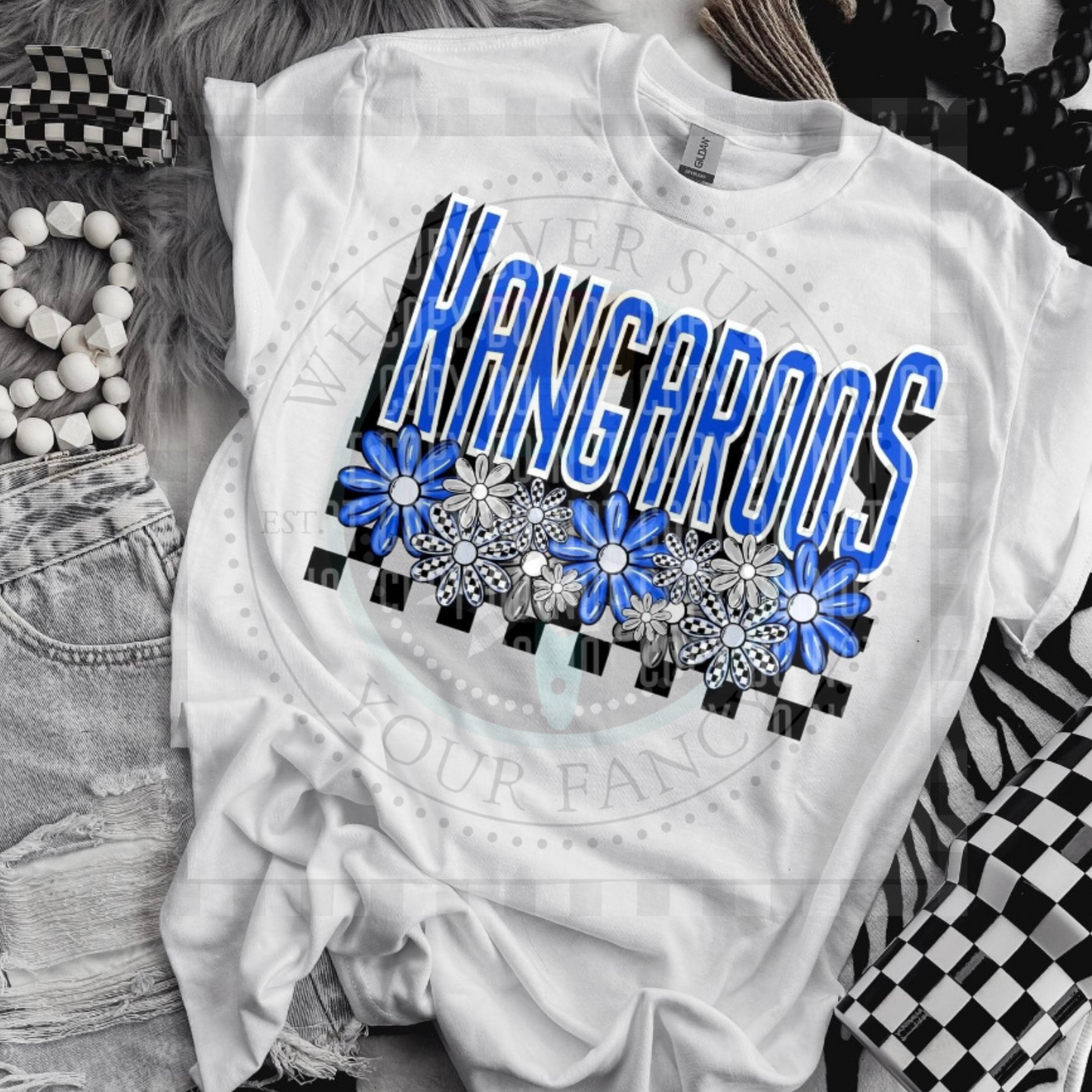 Mascot/school name checkered w/flowers