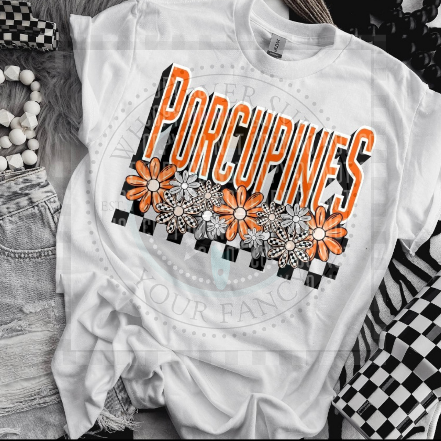 Mascot/school name checkered w/flowers
