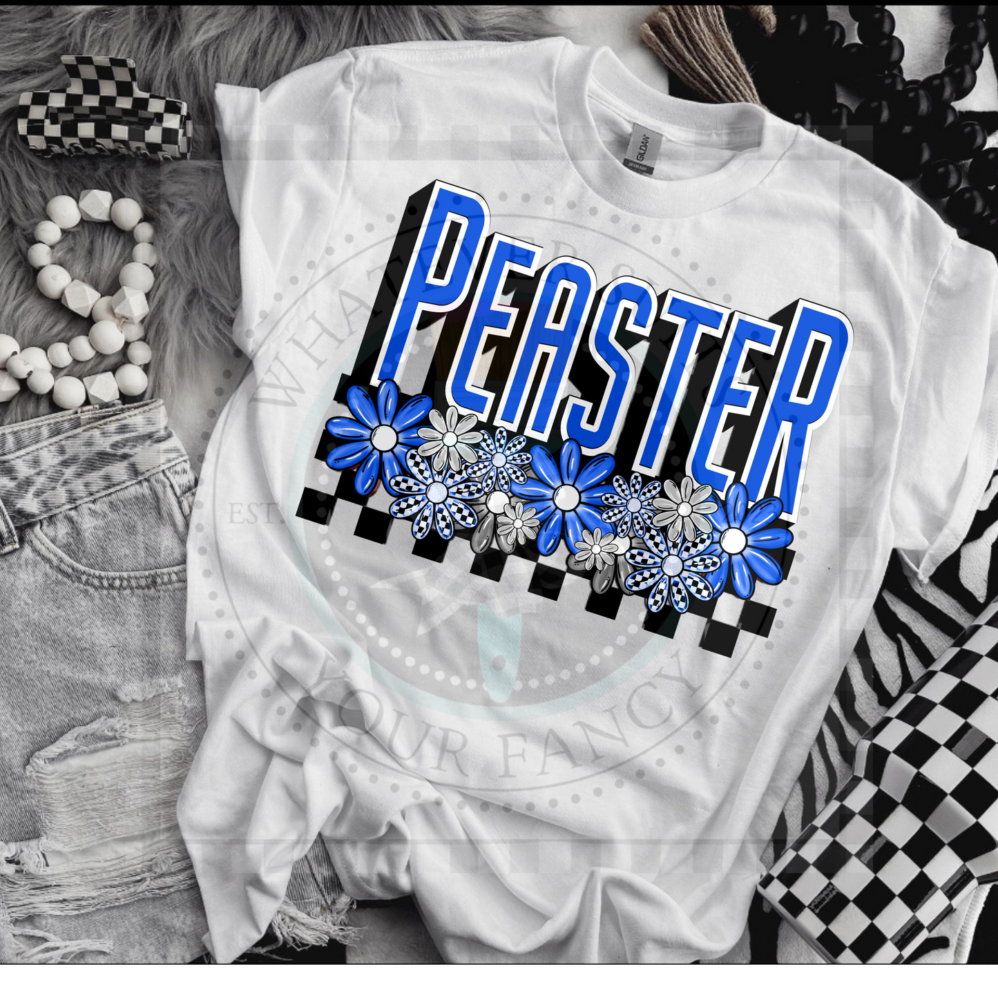 Mascot/school name checkered w/flowers